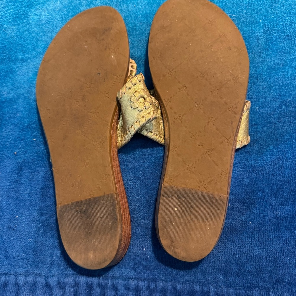 Jack Rogers Gold Leather Sandals Size 8M | Classic Whipstitch Thong Slide - Picture 3 of 4